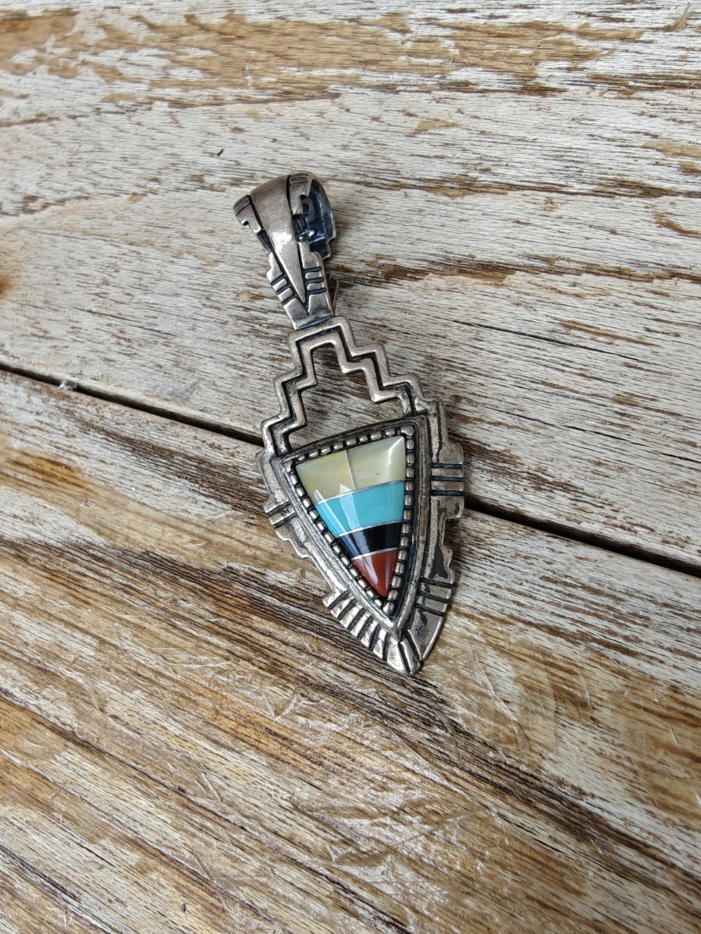 Sterling Inlay Arrowhead Pendant with Turquoise, Coral, Onyx & Mother of Pearl